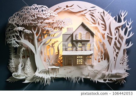 Modern paper cut style of illustration with a three-storey mansion and a garden or forest. Created using generative AI. 106442053