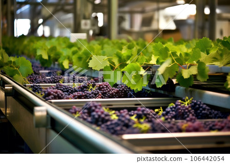 Blue grapes are lying on a conveyor belt at the red wine production facility in the winery. Generative by ai. 106442054
