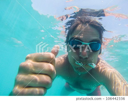 Underwater view of a man swimming in the sea 106442336