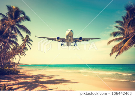 Airplane flying above tropical sea beach Airplane flying above tropical sea beach 106442463