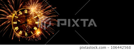 Happy New Year countdown. Panoramic banner. Clock and fireworks, lights and bokeh effect. Golden clock on dark festive background with copy space Happy New Year countdown. Panoramic banner. Clock and fireworks, lights and bokeh effect. Golden clock on dark festive background with copy space 106442568