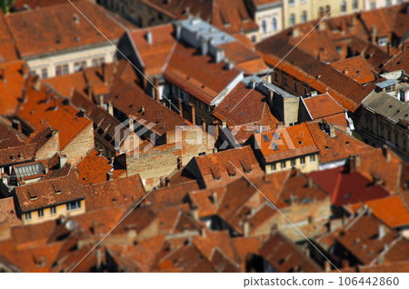 European medieval city view. Miniature tilt shift lens effect European medieval city view. Miniature tilt shift lens effect 106442860