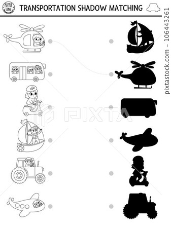 Transportation black and white shadow matching activity. Transport line puzzle with cute helicopter, bus, scooter, plane. Find correct silhouette printable worksheet. Funny coloring page for kids 106443261