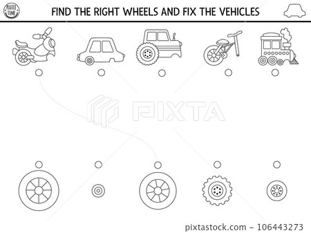 Transportation black and white matching activity with cute transport and missing parts. Match the objects game or puzzle with car, bike. Match up coloring page with vehicle. Find the wheel 106443273