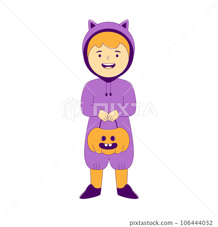 Lined Kid in Halloween Cat Costume with Pumpkin Bucket, Cartoon Character Lined Kid in Halloween Cat Costume with Pumpkin Bucket, Cartoon Character 106444032
