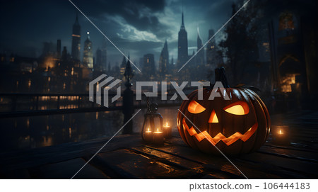 Spooky town halloween village at Moonlight. Magical Halloween scene with Jack o Lanterns, Haunted houses, Mist, Bats and the Moon. Halloween Concept. Generative Ai. 106444183