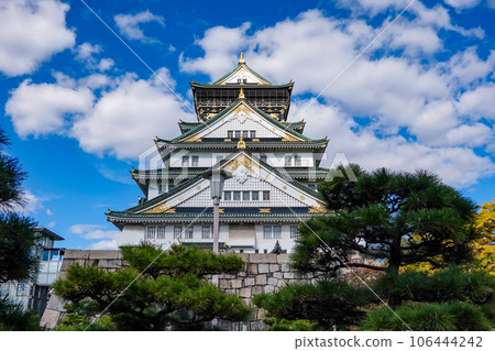 The Osaka Castle Keep, colored by the clear autumn sky and colored leaves (Osaka City, Osaka Prefecture) 106444242