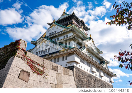 The Osaka Castle Keep, colored by the clear autumn sky and colored leaves (Osaka City, Osaka Prefecture) 106444248