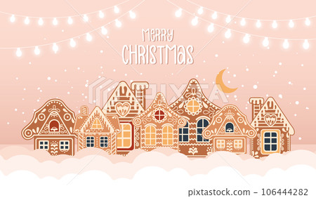 Winter landscape with cute gingerbread houses in the snow, Merry Christmas greeting card template with inscription. Illustration in flat style. Vector 106444282