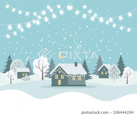 Winter landscape with cute houses, trees and holiday lights, Merry Christmas greeting card template. Illustration in flat style. Vector Winter landscape with cute houses, trees and holiday lights, Merry Christmas greeting card template. Illustration in flat style. Vector 106444284