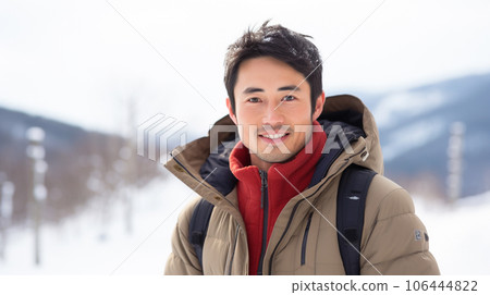 Portrait of a young Japanese man with winter snowy mountains in the background Portrait of a young Japanese man with winter snowy mountains in the background 106444822