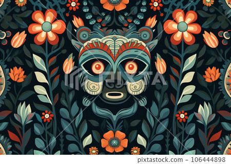 Pattern design using bear head and flowers and leaves. Wildlife Animals. Illustration, Generative AI. 106444898
