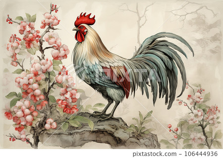 Image of rooste with pink cherry blossoms in ancient chinese style. Farm animals. Nature. Illustration, Generative AI. 106444936