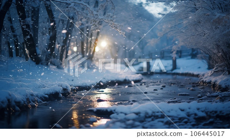 雪落在流經山間的小溪上 106445017