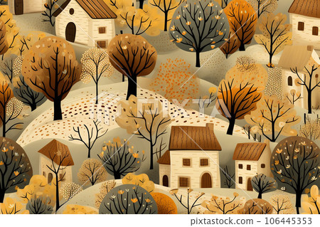 A gentle world with fairy-tale flowers and houses and beige tones 106445353