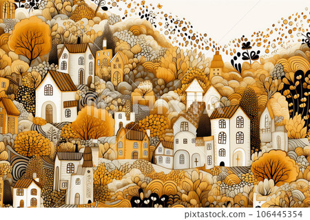 A gentle world with fairy-tale flowers and houses and beige tones 106445354