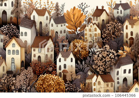 A gentle world with fairy-tale flowers and houses and beige tones 106445366