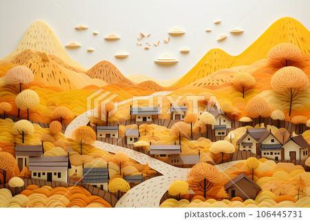 Autumn leaves mountain village (paper craft style) 106445731