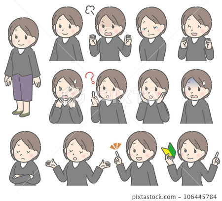 Young woman's facial expression set (diagonal orientation, casual clothes) 106445784