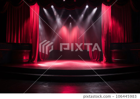 The theater stage light background with spotlight illuminated the stage for a passionate performance event. Empty stage with dramatic red colors. Entertainment show. Stage curtain. Generative AI. 106445983