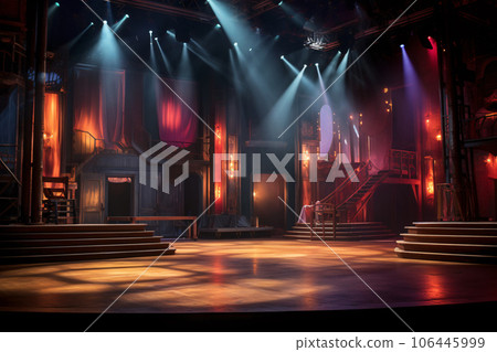 Theater stage light background with spotlight illuminated the stage for opera performance. Empty stage with dynamic color washes backdrop decoration. Entertainment show. Stage curtain. Generative AI. 106445999