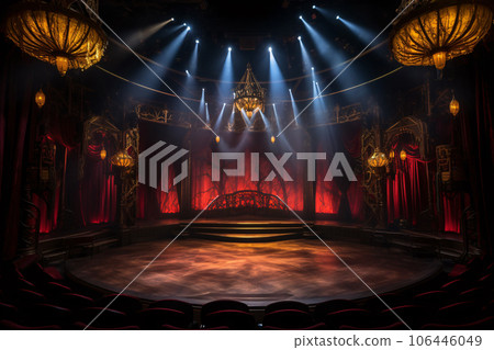 Theater stage light background with spotlight illuminated the stage for opera performance. Empty stage with warm ambiance colors backdrop decoration. Stage curtain. Entertainment show. Generative AI. 106446049