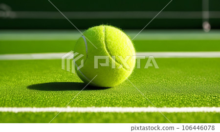 Vibrant Tennis Ball Close-Up on Court Near Net. Generative AI. 106446078