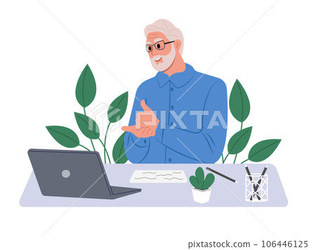 Elderly man talking on video call using sign language, talking to patient with hearing impairment, deafness, showing gestures on screen. 106446125