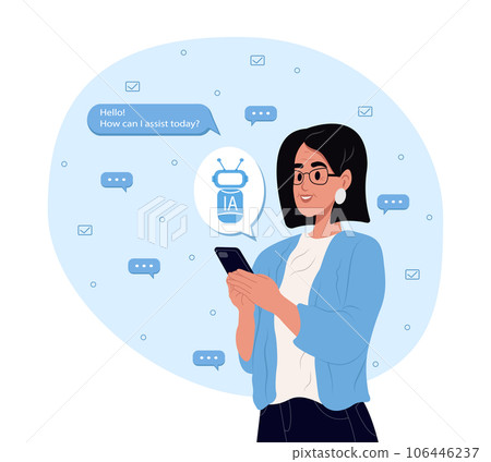 Elderly woman uses the technology of a smart AI robot. Chat concept, artificial intelligence. Dialogue between the AI assistant and the user in the messenger. Elderly woman uses the technology of a smart AI robot. Chat concept, artificial intelligence. Dialogue between the AI assistant and the user in the messenger. 106446237