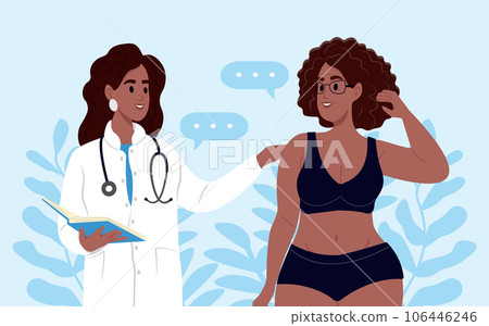 An overweight elderly woman is talking to a nutritionist. American female doctor explains how to lose weight to an obese patient 106446246