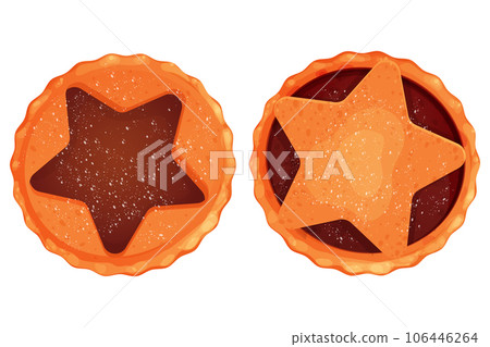 Christmas english mince pie with star top view in cartoon style isolated on white background. Holiday food, traditional pastry Christmas english mince pie with star top view in cartoon style isolated on white background. Holiday food, traditional pastry 106446264