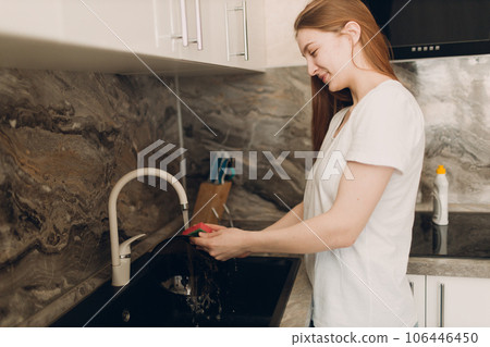 A housewife woman washes dishes in the kitchen in the sink. 106446450