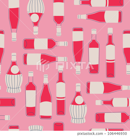 Seamless pattern with wine bottles. Various glass wine bottles are chaotically repeated on a pink background. Vector print for design backgrounds, packaging, printing on paper and fabric. Seamless pattern with wine bottles. Various glass wine bottles are chaotically repeated on a pink background. Vector print for design backgrounds, packaging, printing on paper and fabric. 106446930