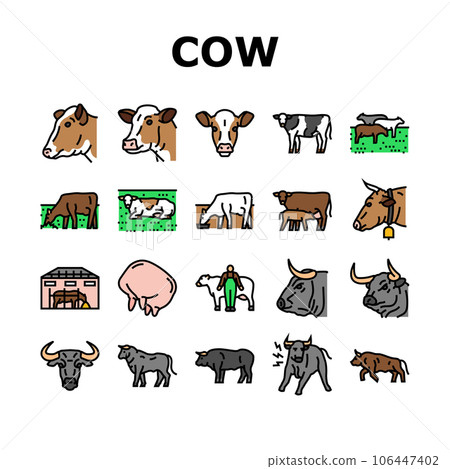 cow farm dairy cattle milk white icons set vector 106447402