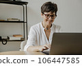Smiling stylish mature business woman using laptop sitting at workplace desk. 106447585