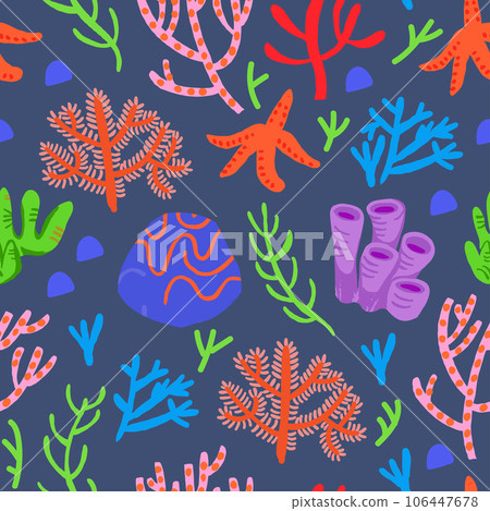 Cute vector colorful seamless pattern with red corals on dark background. Coral reef, shells, star fish. Vector illustration Cute vector colorful seamless pattern with red corals on dark background. Coral reef, shells, star fish. Vector illustration 106447678