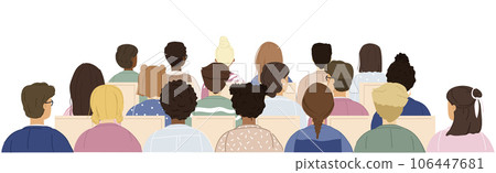 Rear view of group of people sitting in academic auditorium. Sitting audience. Women and men of different ethnicity. Rear view of group of people sitting in academic auditorium. Sitting audience. Women and men of different ethnicity. 106447681