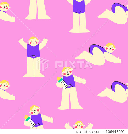 Seamless pattern with playful child baby character on pink background. Nursery pattern with cute cartoon baby character. Vector illustration 106447691