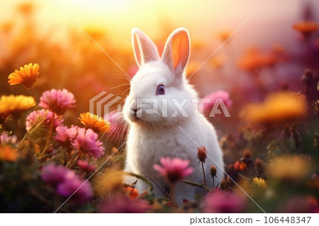 A fluffy white rabbit sitting in a flowering meadow. Pet A fluffy white rabbit sitting in a flowering meadow. Pet 106448347
