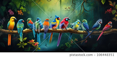 Tropical birds sitting on a tree branch in the rainforest 106448351