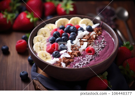 Summer Acai smoothie bowl with various fruits and berries. Healthy breakfast Summer Acai smoothie bowl with various fruits and berries. Healthy breakfast 106448377
