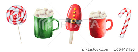 Watercolor Christmas sweet illustrations. New year hand painting isolated ice cream, cups of hot drink with marshmallows and candy canes on white background. For designers, food decoration, menu, Watercolor Christmas sweet illustrations. New year hand painting isolated ice cream, cups of hot drink with marshmallows and candy canes on white background. For designers, food decoration, menu, 106448456