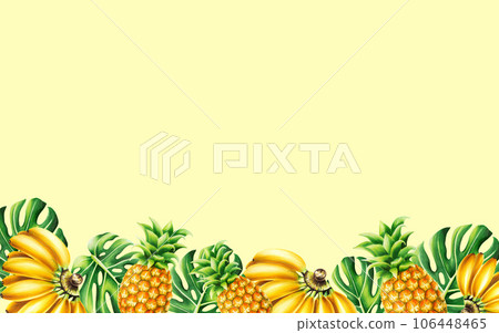 Watercolor tropical frame with a bunch of bananas, pineapples and monstera leaves. Ripe fruits banner isolated on white background For designers, spa decoration, postcards, wedding, greetings, Watercolor tropical frame with a bunch of bananas, pineapples and monstera leaves. Ripe fruits banner isolated on white background For designers, spa decoration, postcards, wedding, greetings, 106448465