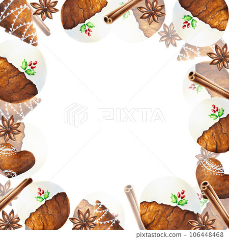 Watercolor Christmas frame with crispy gingerbread cookies with icing, cinnamon and anise star. New year hand painting spices isolated on white background. For designers, food decoration, menu, shop, 106448468