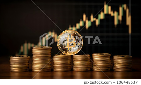 Gold coin with bitcoin symbol on candlestick...-插圖素材 [106448537] - PIXTA圖庫