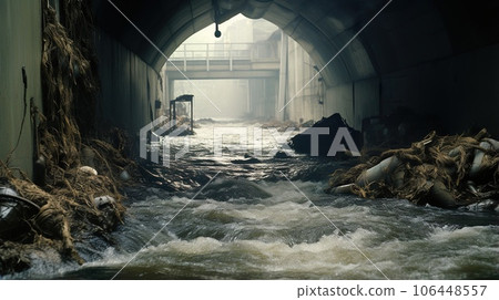 pollution in city drain system, polluted dredger tunnel, waste and garbage river, ecology issues concept, generative AI 106448557