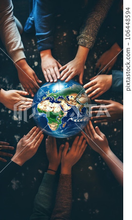 group of people holding Earth in hand, planet care and environmental conservation, ecology climate change, generative AI 106448594