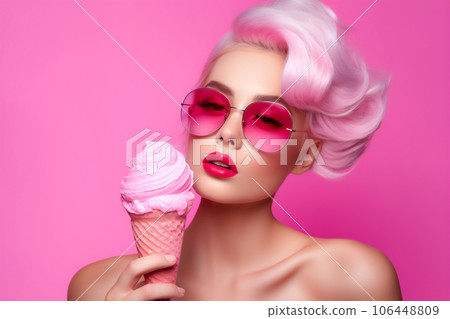 Beautiful woman with vivid makeup holding an ice cream. Fashion model. Pink color palette Beautiful woman with vivid makeup holding an ice cream. Fashion model. Pink color palette 106448809