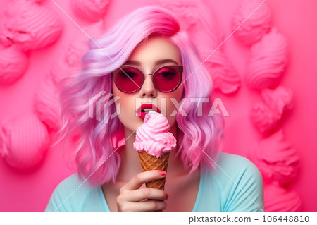 Beautiful woman with vivid makeup holding an ice cream. Fashion model. Pink color palette Beautiful woman with vivid makeup holding an ice cream. Fashion model. Pink color palette 106448810
