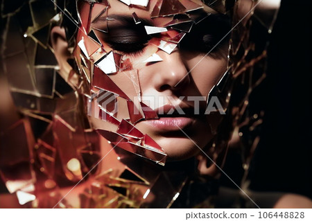 Beauty portrait of a white woman with beautiful makeup and broken mirror pieces 106448828